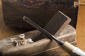 cabinetmaker chisel and plane in a carpentry workshop