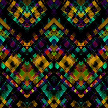 Seamless handmade geometric pattern. Diagonal lines, diamond layout. Luminous orange and green colors on black background. Watercolor ethnic backdrop.