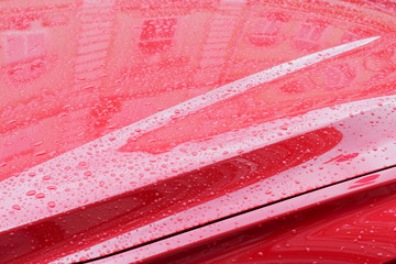 rain drops on red car hood