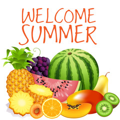 Привет лето, набор фруктов, арбуз, ананас, абрикос, манго, киви, груша, апельсин, виноград