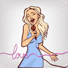 vector illustration of a singing  woman . karaoke party . copy space