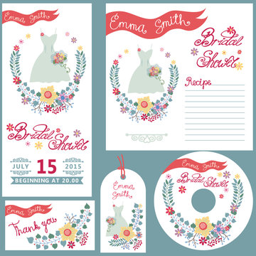 Cute bridal shower design template cards set with dress