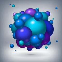 Blue, purple and green spheres stick together. Volume balls, abstract object, vector design elements