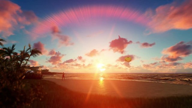 Woman runnin on the beach, air ballon and yacht sailing against beautiful sunset