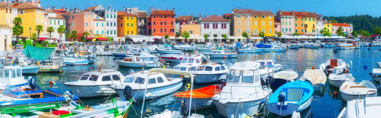 Sheer curtains City on the water Panorama ancient town on the Adriatic Sea. Terracotta roo