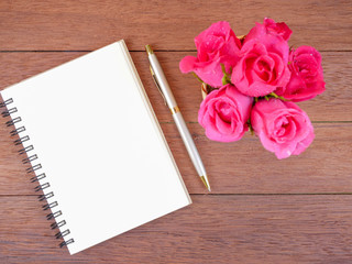 Bouquet pink rose flower and blank notebook 1