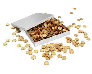 White gift box with golden coins.