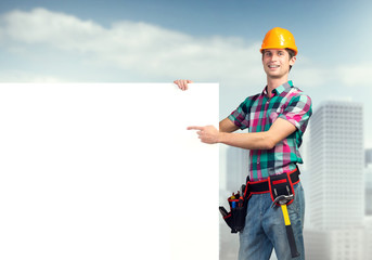 Repairman demonstrating banner