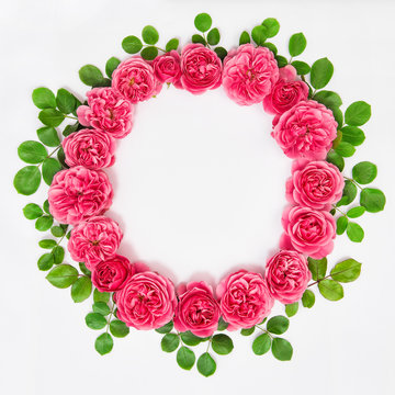 Roses With Green Leaves Isolated Pink Flower Head Wreath