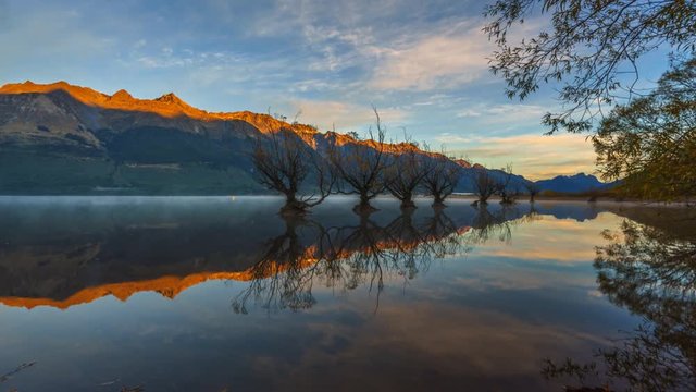 The Famous Row Of Partly Submerged Willow Trees at Glenorchy, New Zealand. Beautiful Lakeside sunrise Scenery with moving shadow on mountain and sunrise reflection in the Lake Wakatipu.