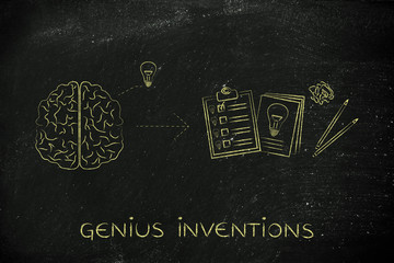 brain with idea to write down on paper, genius inventions