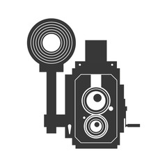 Gadget concept represented by silhouette of camera with flash icon. Isolated and flat illustration 