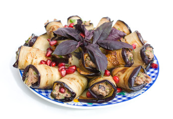 Rolls of eggplant stuffed with walnuts, mayonnaise and herbs.Georgian food