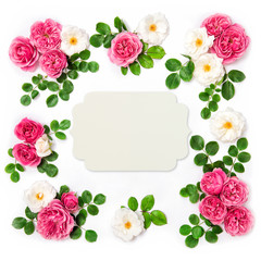 White pink rose flowers Floral flat lay background paper tag