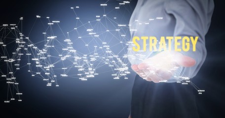 Composite image of businesswoman presenting with hand