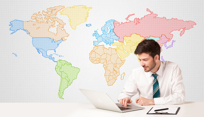 Business man with colorful world map background