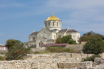 The ruins of the ancient city of Chersonesos and Vladimir Cathedral in Sevastopol, Crimea 