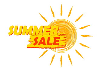 summer sale with sun sign, yellow and orange drawn label, vector