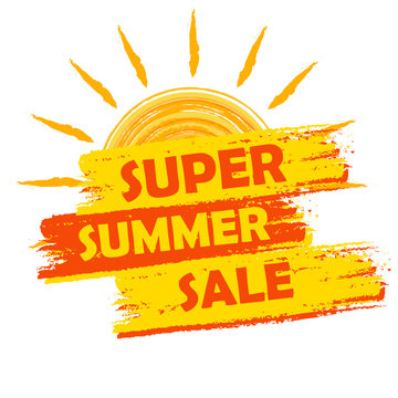 super summer sale with sun sign, yellow and orange drawn label,