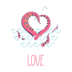 Minimal Valentines day vintage card Octopus in love
