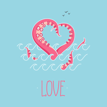 Valentines day vintage card Octopus in love