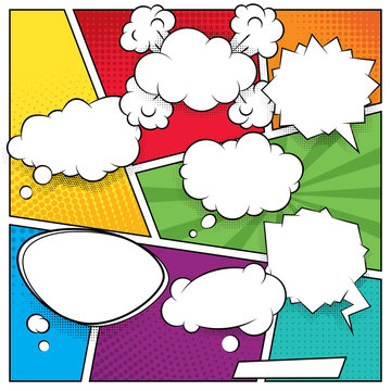 Comic speech bubbles and colored halftone backgrounds