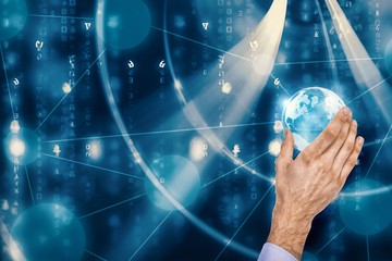 Composite image of businessman holding hand out in presentation