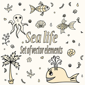 Set of sea animals and elements. Cute aquatic creatures. Hand drawn illustration with shells, whale, palm tree, fishes, octopus and coral. Vector cartoon icons. Marine life.
