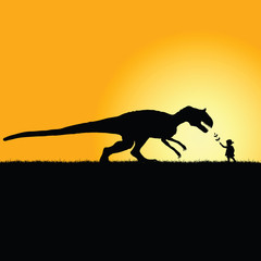 child playing with dinosaur in nature silhouette illustration