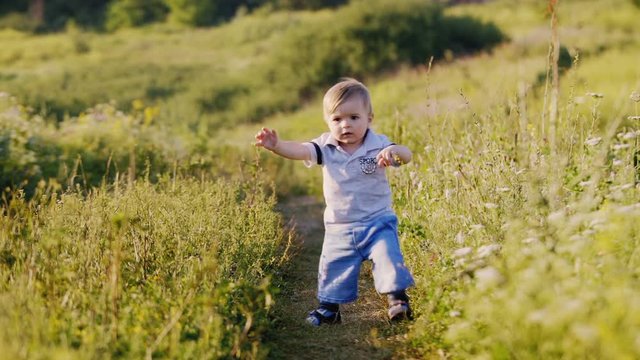 Baby makes first steps hesitantly./ Baby makes first steps hesitantly. In Nature, standing on a path among the greenery and wildflowers. On the Sunset.