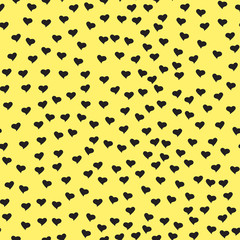 Seamless pattern with tiny black hearts. Abstract repeating. Cute backdrop. Yellow background. Template for Valentine's, Mother's Day, wedding, scrapbook, surface textures. Vector illustration.