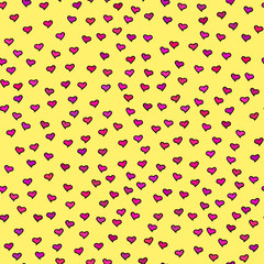 Seamless pattern with tiny colorful hearts. Abstract repeating. Cute backdrop. Yellow background. Template for Valentine's, Mother's Day, wedding, scrapbook, surface textures. Vector illustration.