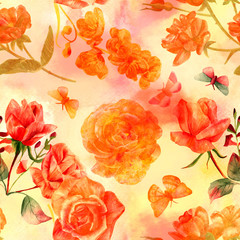 Vintage seamless background pattern with roses, leaves and butterflies