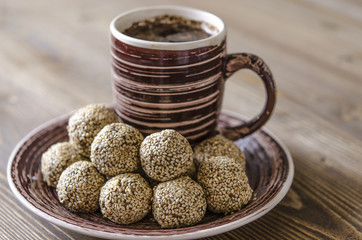 Truffles of chickpeas with chocolate and sesame seeds   