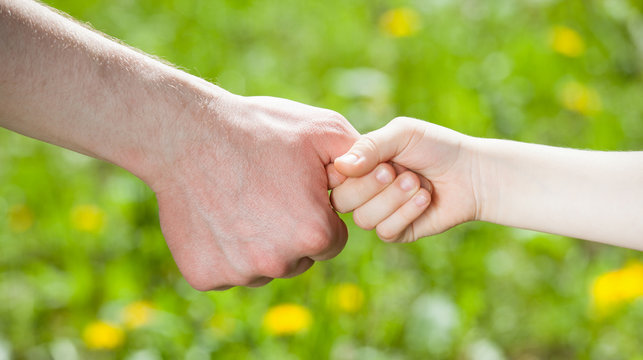 Hands of man and child holding together