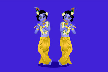 Krishna janmashtami vector. Krishna plays the flute. Krishna with peacock feather in hair