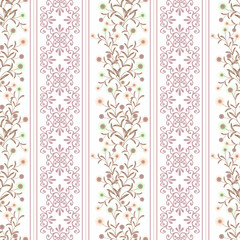 Floral seamless pattern in retro style, cute  flowers white background striped