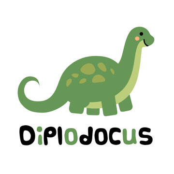Cute cartoon smiling diplodocus isolated on white background.