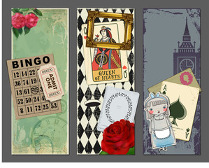 Wonderland Vertical Banners, with gold frame, red rose, Queen of Hearts playing card, bingo card, vintage ticket, Alice in Wonderland paper cutout and Big Ben