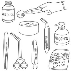 vector set of forcep, alcohol and sterile cotton