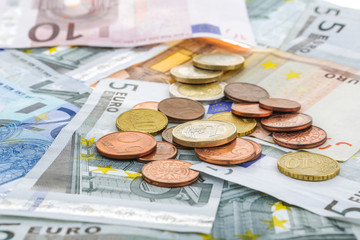 close-up shots in macro lens money euro coins and banknotes