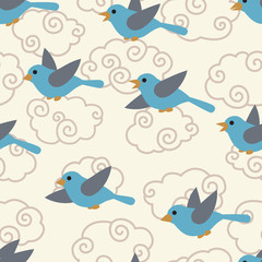 Seamless pattern with cute cartoon birds in the sky.