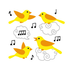Collection of cute cartoon birds and notes in the sky