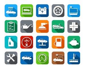 Repair and maintenance of vehicles, colored icons. 