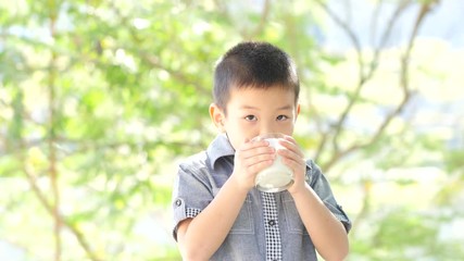 Little boy drinking milk in the park with sunshine in background