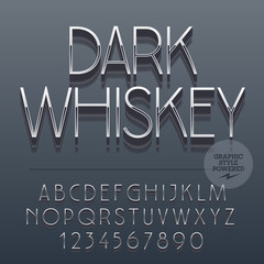 Set of slim reflective alphabet letters, numbers and punctuation symbols. Vector label with text Dark whiskey. File contains graphic styles