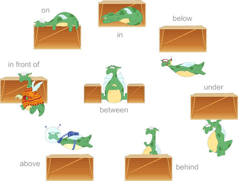 Cartoon dragon and box. English grammar in pictures