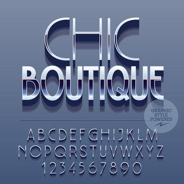Set of slim reflective alphabet letters, numbers and punctuation symbols. Vector glossy logotype with text Chic boutique. File contains graphic styles