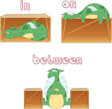 Cartoon dragon sleeps in a box, lies on a box and stands between
