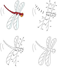 Cartoon red dragonfly. Coloring book and dot to dot game for kid